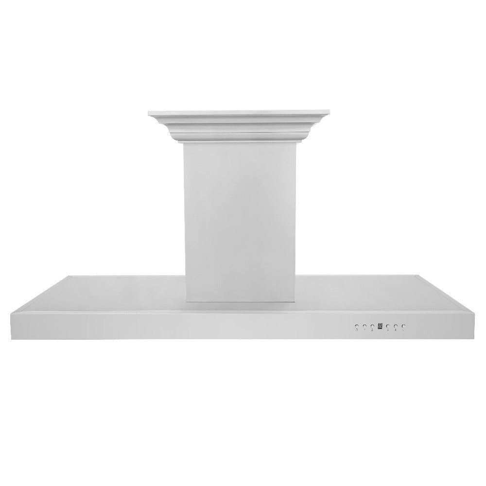 ZLINE Island Mount Range Hood in Stainless Steel with Built-in ZLINE CrownSound Bluetooth Speakers (KE2iCRN-BT) front, main.