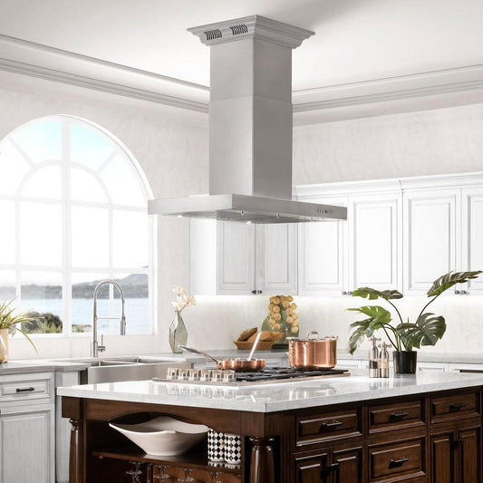 ZLINE Island Mount Range Hood in Stainless Steel with Built-in ZLINE CrownSound Bluetooth Speakers (KE2iCRN-BT) side, a rustic kitchen.