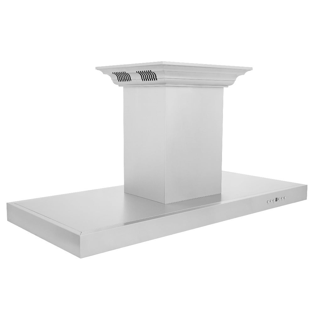 ZLINE Island Mount Range Hood in Stainless Steel with Built-in ZLINE CrownSound Bluetooth Speakers (KE2iCRN-BT) side, above.