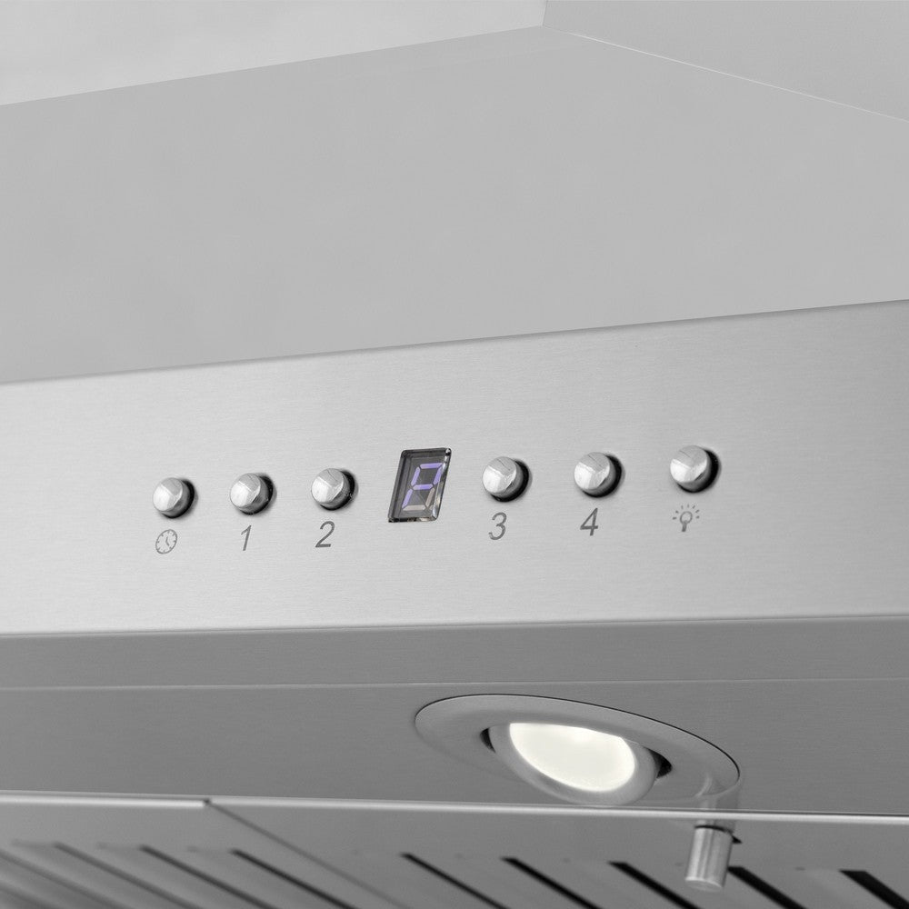 ZLINE Island Mount Range Hood in Stainless Steel with Built-in CrownSound Bluetooth Speakers (KL3iCRN-BT) close-up, built-in directional LED light, buttons, and display.