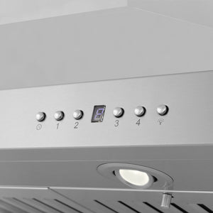 ZLINE Island Mount Range Hood in Stainless Steel with Built-in CrownSound Bluetooth Speakers (KL3iCRN-BT) close-up, built-in directional LED light, buttons, and display.