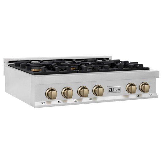 ZLINE Autograph Edition 36 in. Porcelain Rangetop with 6 Gas Burners in DuraSnow® Stainless Steel with Champagne Bronze Accents (RTSZ-36-CB) side.