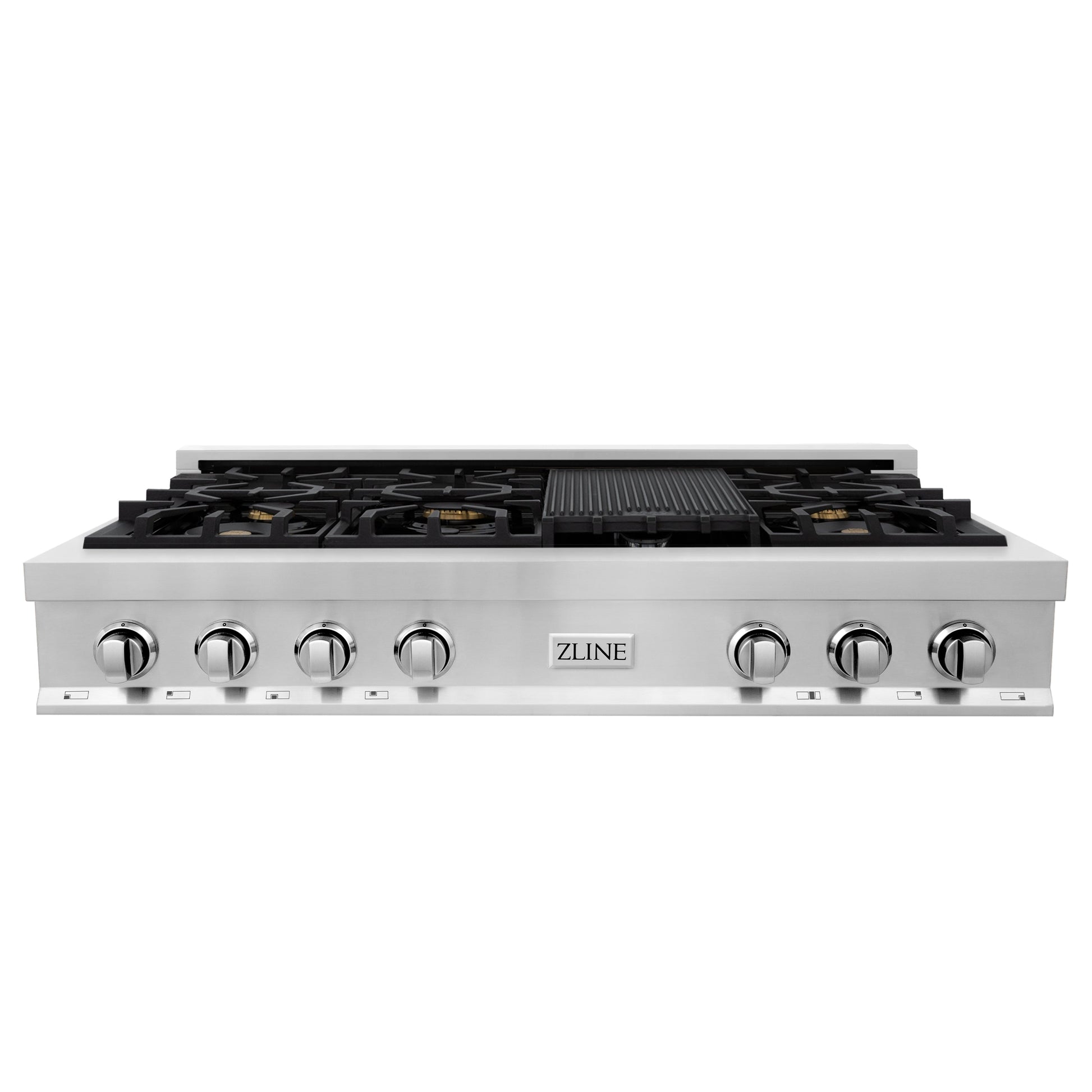 ZLINE 48 in. Porcelain Gas Rangetop with 7 Gas Brass Burners and Griddle (RT-BR-48) front.