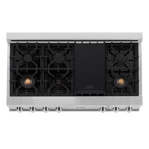 ZLINE 48 in. Porcelain Gas Rangetop with 7 Gas Brass Burners and Griddle (RT-BR-48) from above showing gas burners and cast-iron grates.