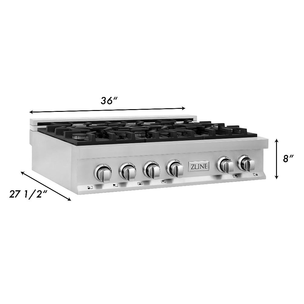 ZLINE 36 in. Stainless Steel Gas Rangetop with 6 Gas Burners (RT36) dimensional measurements.