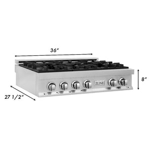 ZLINE 36 in. Stainless Steel Gas Rangetop with 6 Gas Burners (RT36) dimensional measurements.