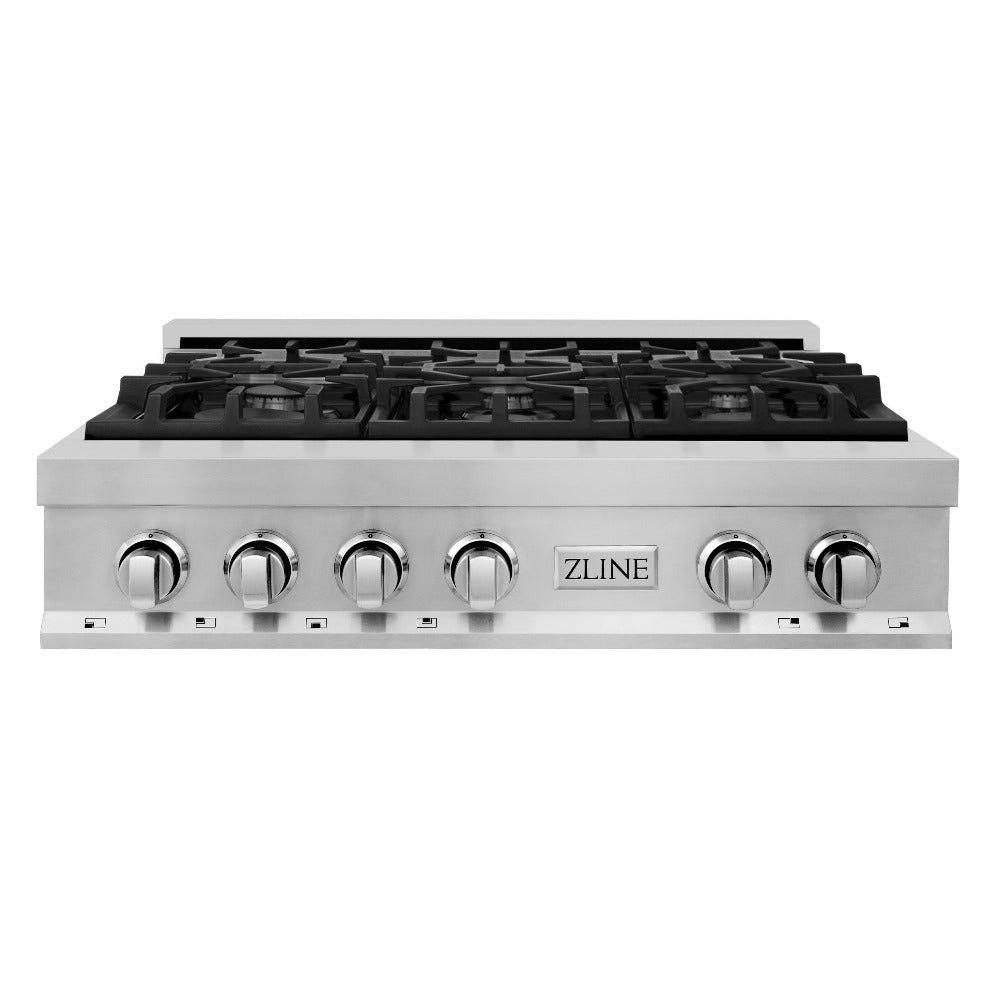 ZLINE 36 in. Stainless Steel Gas Rangetop with 6 Gas Burners (RT36) front.