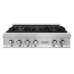 ZLINE 36 in. Stainless Steel Gas Rangetop with 6 Gas Burners (RT36) front.