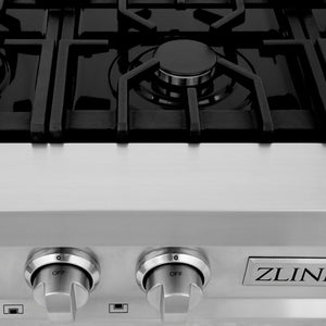 ZLINE 36 in. Stainless Steel Gas Rangetop with 6 Gas Burners (RT36) close-up, cast iron grates and cooktop knobs.