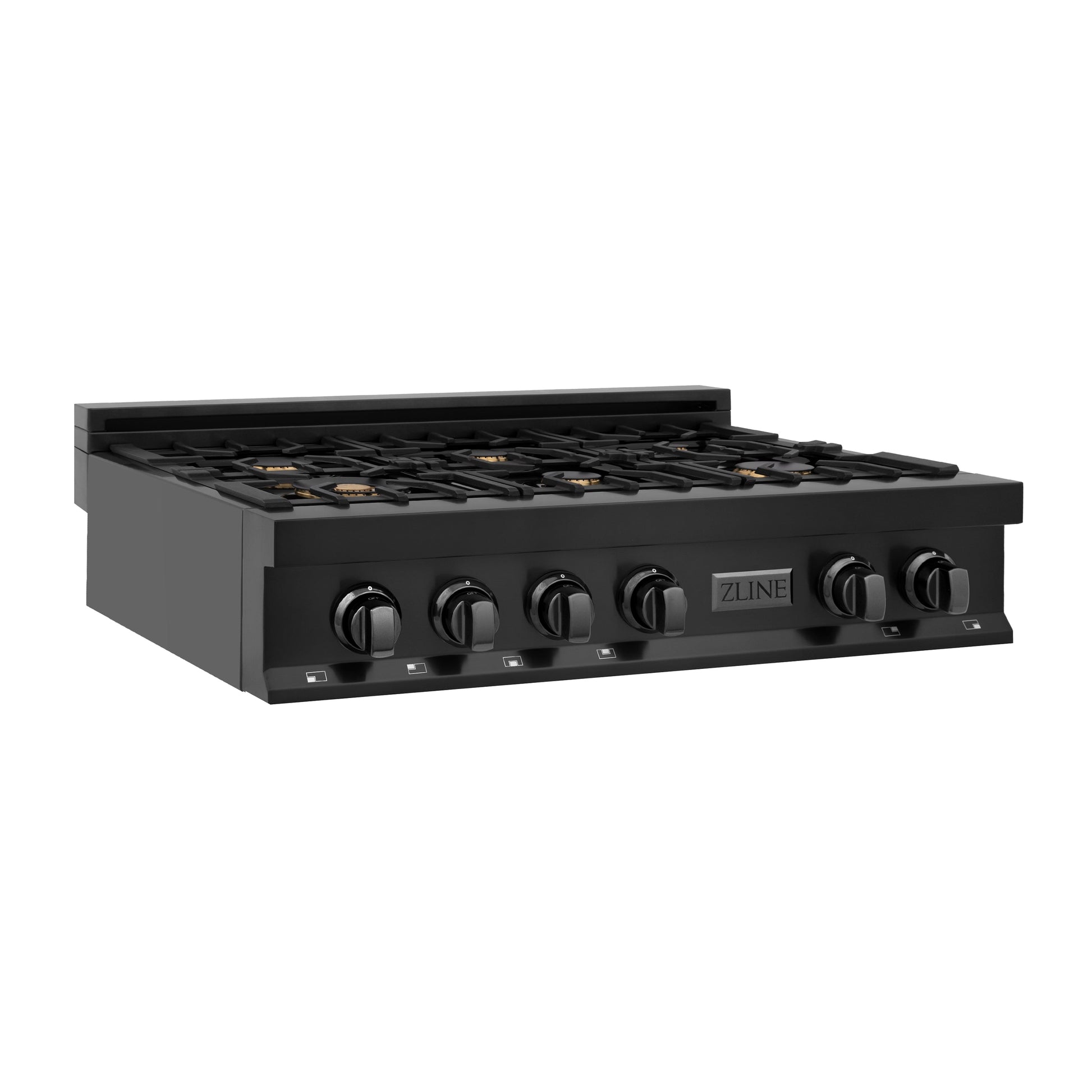 ZLINE 36 in. Porcelain Gas Rangetop in Black Stainless with 6 Gas Brass Burners (RTB-BR-36) side.