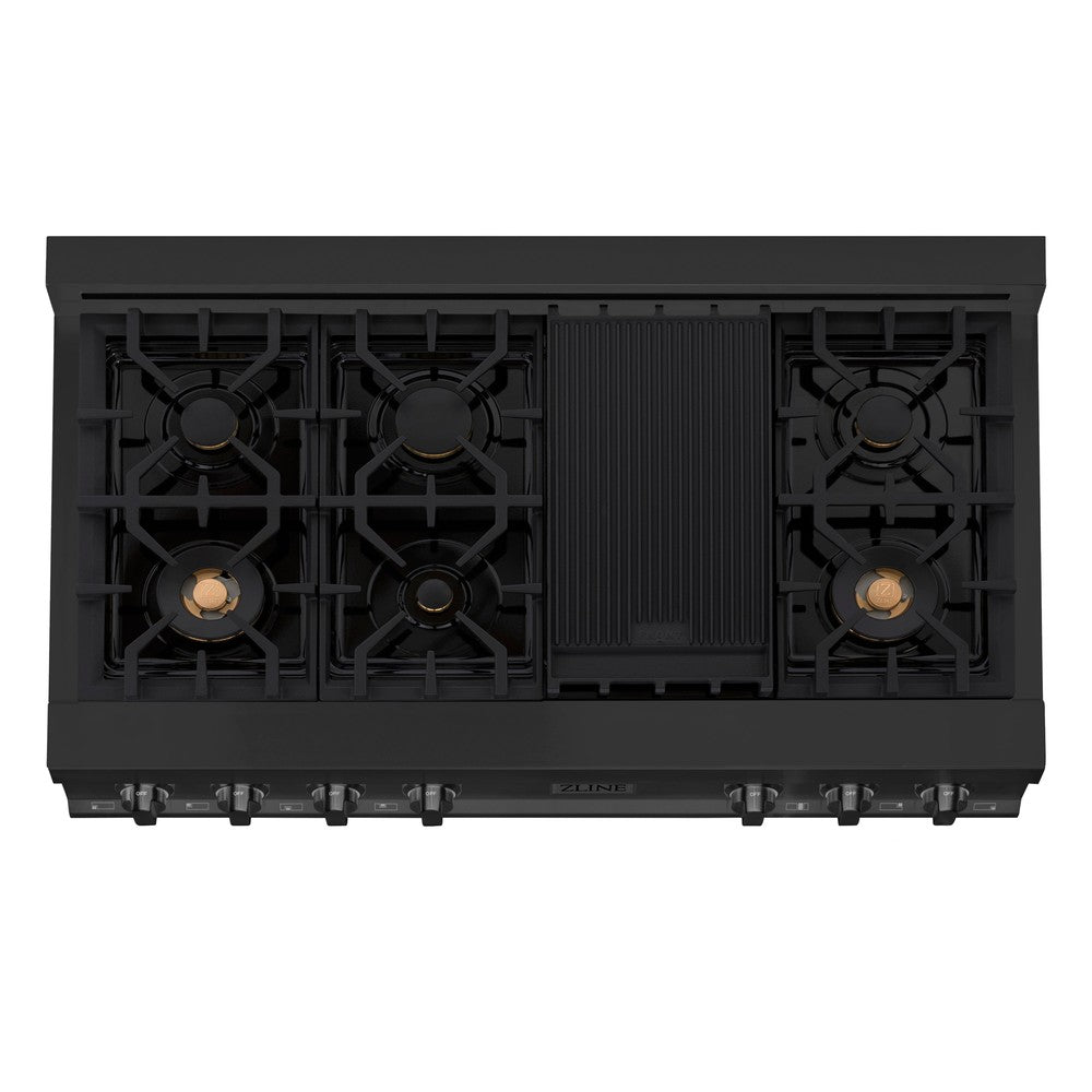 ZLINE 48 in. Porcelain Gas Rangetop in Black Stainless Steel with Brass Burners and Griddle (RTB-BR-48) from above showing gas burners and cast-iron grates.