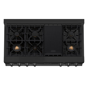 ZLINE 48 in. Legacy Gas Rangetop with 7 Burners and Porcelain Cooktop in Black Stainless Steel (RTB-48) from above showing gas burners and cast-iron grates.