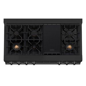 ZLINE 48 in. Porcelain Gas Rangetop in Black Stainless Steel with Brass Burners and Griddle (RTB-BR-48) from above showing gas burners and cast-iron grates.