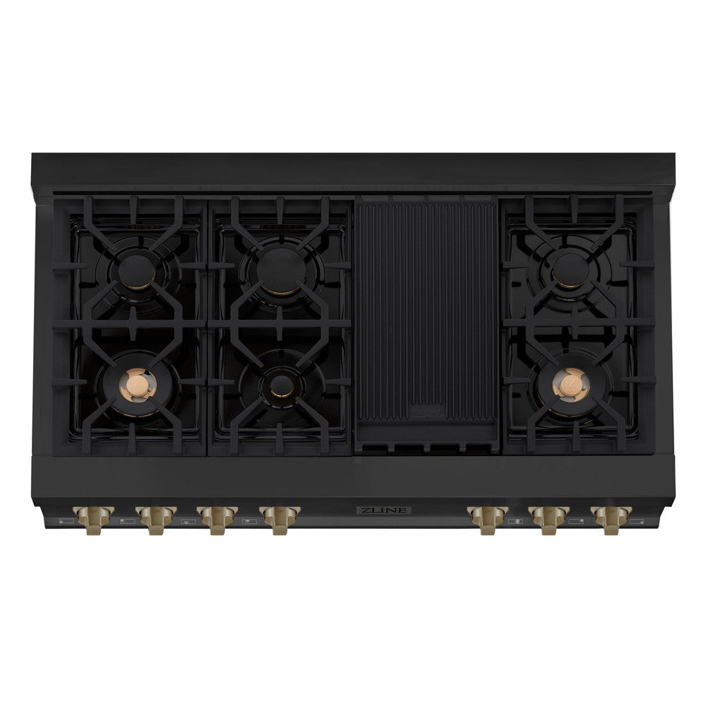 ZLINE Autograph Edition 48 in. Porcelain Rangetop with 7 Gas Burners in Black Stainless Steel and Champagne Bronze Accents (RTBZ-48-CB) from above showing gas burners and cast-iron grates.