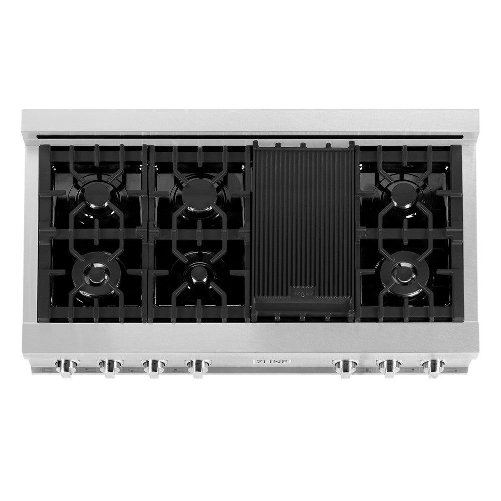 ZLINE 48 in. Porcelain Gas Rangetop in DuraSnow® Stainless Steel with 7 Gas Burners and Griddle (RTS-48) from above showing gas burners and cast-iron grates.