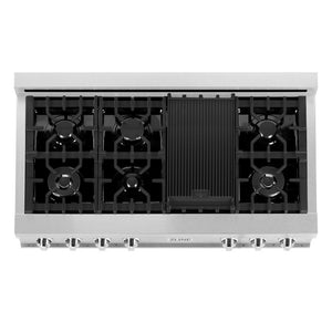 ZLINE 48 in. Porcelain Gas Rangetop in DuraSnow® Stainless Steel with 7 Gas Burners and Griddle (RTS-48) from above showing gas burners and cast-iron grates.