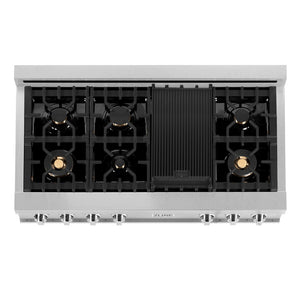 ZLINE 48 in. Porcelain Gas Rangetop in DuraSnow® Stainless Steel with 7 Gas Burners with Brass Burners and Griddle (RTS-BR-48) from above showing gas burners and cast-iron grates.