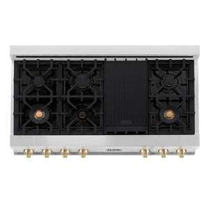 ZLINE Autograph Edition 48 in. Porcelain Rangetop with 7 Gas Burners in Stainless Steel with Polished Gold Accents (RTZ-48-G) from above showing gas burners and cast-iron grates.