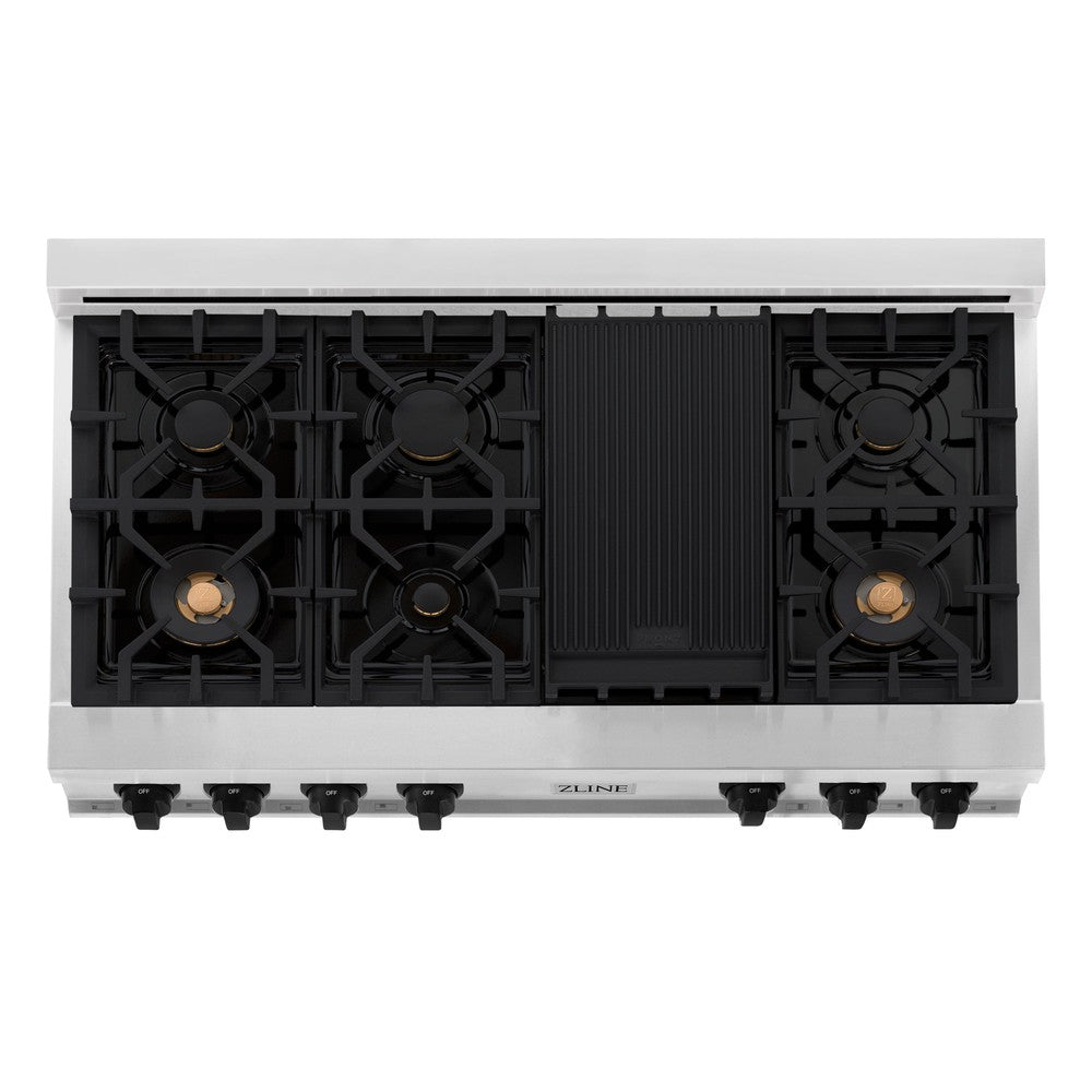 ZLINE Autograph Edition 48 in. Porcelain Rangetop with 7 Gas Burners in Stainless Steel with Matte Black Accents (RTZ-48-MB) from above showing gas burners and cast-iron grates.