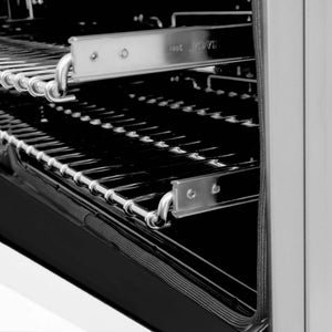 ZLINE 30 in. 4.0 cu. ft. Legacy Dual Fuel Range with 4 Burner Gas Cooktop and Electric Convection Oven in Stainless Steel and White Matte Door (RA-WM-30) oven open racks extended.