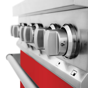 ZLINE 30 in. Kitchen Package with Satin Stainless Steel Dual Fuel Range with Red Matte Door and Convertible Vent Range Hood (2KP-RARMRH30) knobs close-up.