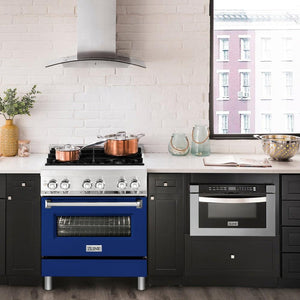 ZLINE 30 in. 4.0 cu. ft. Dual Fuel Range with Gas Stove and Electric Oven in Stainless Steel with Blue Gloss Door (RA-BG-30) in a luxury farmhouse-style kitchen with other ZLINE appliances and plumbing fixtures from front.