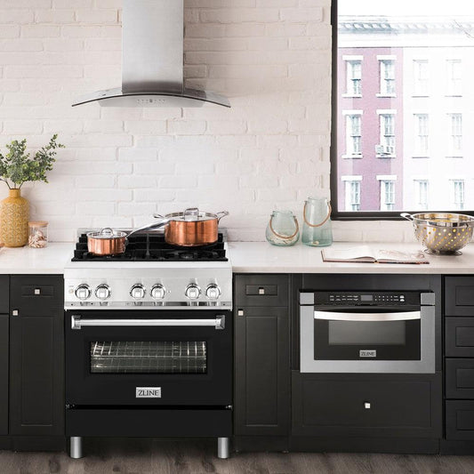 ZLINE 30 in. 4.0 cu. ft. Dual Fuel Range with Gas Stove and Electric Oven in Stainless Steel with Black Matte Door (RA-BLM-30) in a luxury farmhouse-style kitchen with other ZLINE appliances and plumbing fixtures from front.