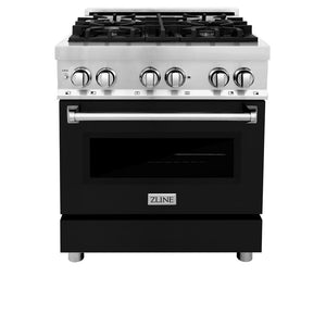 ZLINE 30 in. 4.0 cu. ft. Legacy Dual Fuel Range with 4 Burner Gas Cooktop and Electric Convection Oven in Stainless Steel and Black Matte Door (RA-BLM-30) front, oven closed.