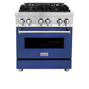 ZLINE 30 in. 4.0 cu. ft. Legacy Dual Fuel Range with 4 Burner Gas Cooktop and Electric Convection Oven in Stainless Steel and Blue Matte Door (RA-BM-30) front, oven closed.