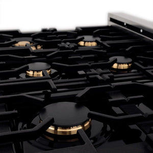Close-up gas burners on black porcelain cooktop of ZLINE 36 in. Dual Fuel Range with Gas Stove and Electric Oven in Stainless Steel with Brass Burners (RA-BR-36)