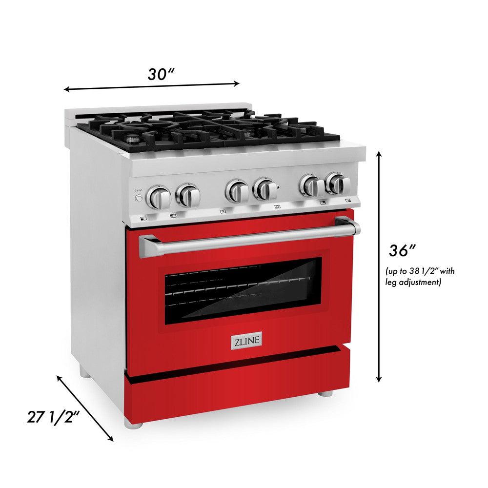 ZLINE 30 in. 4.0 cu. ft. Legacy Dual Fuel Range with 4 Burner Gas Cooktop and Electric Convection Oven in Stainless Steel and Red Matte Door (RA-RM-30) dimensional diagram.