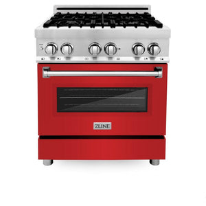ZLINE 30 in. Kitchen Package with Satin Stainless Steel Dual Fuel Range with Red Matte Door and Convertible Vent Range Hood (2KP-RARMRH30)