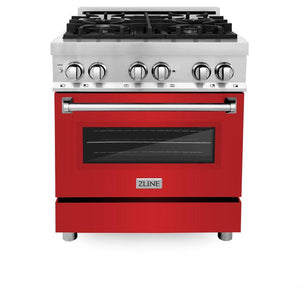 ZLINE 30 in. 4.0 cu. ft. Legacy Dual Fuel Range with 4 Burner Gas Cooktop and Electric Convection Oven in Stainless Steel and Red Matte Door (RA-RM-30) front, oven closed.