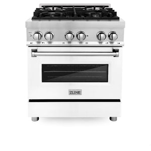 ZLINE 30 in. 4.0 cu. ft. Legacy Dual Fuel Range with 4 Burner Gas Cooktop and Electric Convection Oven in Stainless Steel and White Matte Door (RA-WM-30) front, oven closed.