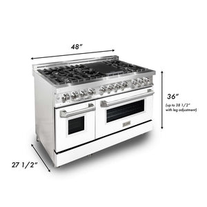 ZLINE 48 in. 6.0 cu. ft. Legacy Dual Fuel Range with 7 Burner Gas Cooktop and 2 Electric Ovens in Stainless Steel and White Matte Doors (RA-WM-48) dimensional diagram.