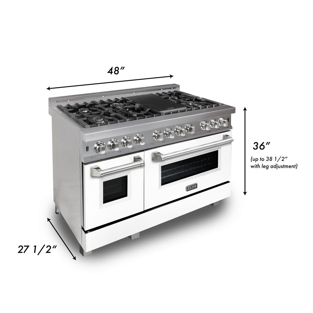 ZLINE 48 in. 6.0 cu. ft. Legacy Dual Fuel Range with 7 Burner Gas Cooktop and 2 Electric Ovens in DuraSnow® Stainless Steel and White Matte Doors (RAS-WM-48) dimensional diagram.