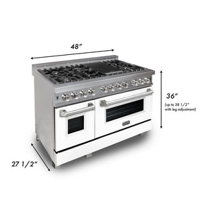 ZLINE 48 in. 6.0 cu. ft. Legacy Dual Fuel Range with 7 Burner Gas Cooktop and 2 Electric Ovens in DuraSnow® Stainless Steel and White Matte Doors (RAS-WM-48) dimensional diagram.