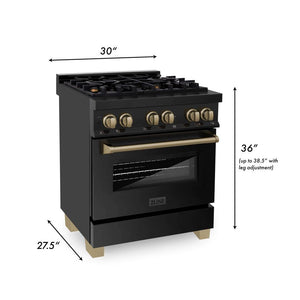 ZLINE Autograph Edition 30 in. Kitchen Package with Black Stainless Steel Dual Fuel Range and Range Hood with Champagne Bronze Accents (2AKP-RABRH30-CB) dimensional diagram with measurements.