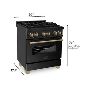 ZLINE Autograph Edition 30 in. 4.0 cu. ft. Dual Fuel Range with Gas Stove and Electric Oven in Black Stainless Steel with Champagne Bronze Accents (RABZ-30-CB) dimensional diagram with measurements.