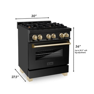 ZLINE Autograph Edition 30 in. 4.0 cu. ft. Legacy Dual Fuel Range with 4 Burner Gas Cooktop and Electric Convection Oven in Black Stainless Steel and Polished Gold Accents (RABZ-30-G) dimensional diagram.