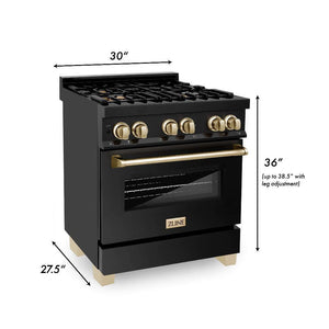 ZLINE Autograph Edition 30 in. 4.0 cu. ft. Dual Fuel Range with Gas Stove and Electric Oven in Black Stainless Steel with Polished Gold Accents (RABZ-30-G) dimensional measurements.