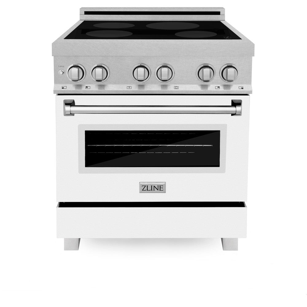 ZLINE 30 in. 4.0 cu. ft. Legacy Induction Range with 4 Element Cooktop and Electric Oven in DuraSnow® Stainless Steel and White Matte Door (RAINDS-WM-30) front, oven closed.