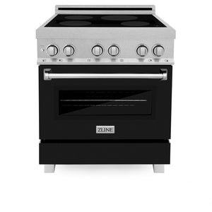 ZLINE 30 in. 4.0 cu. ft. Legacy Induction Range with 4 Element Cooktop and Electric Oven in DuraSnow® Stainless Steel and Black Matte Door (RAINDS-BLM-30) front, oven closed.