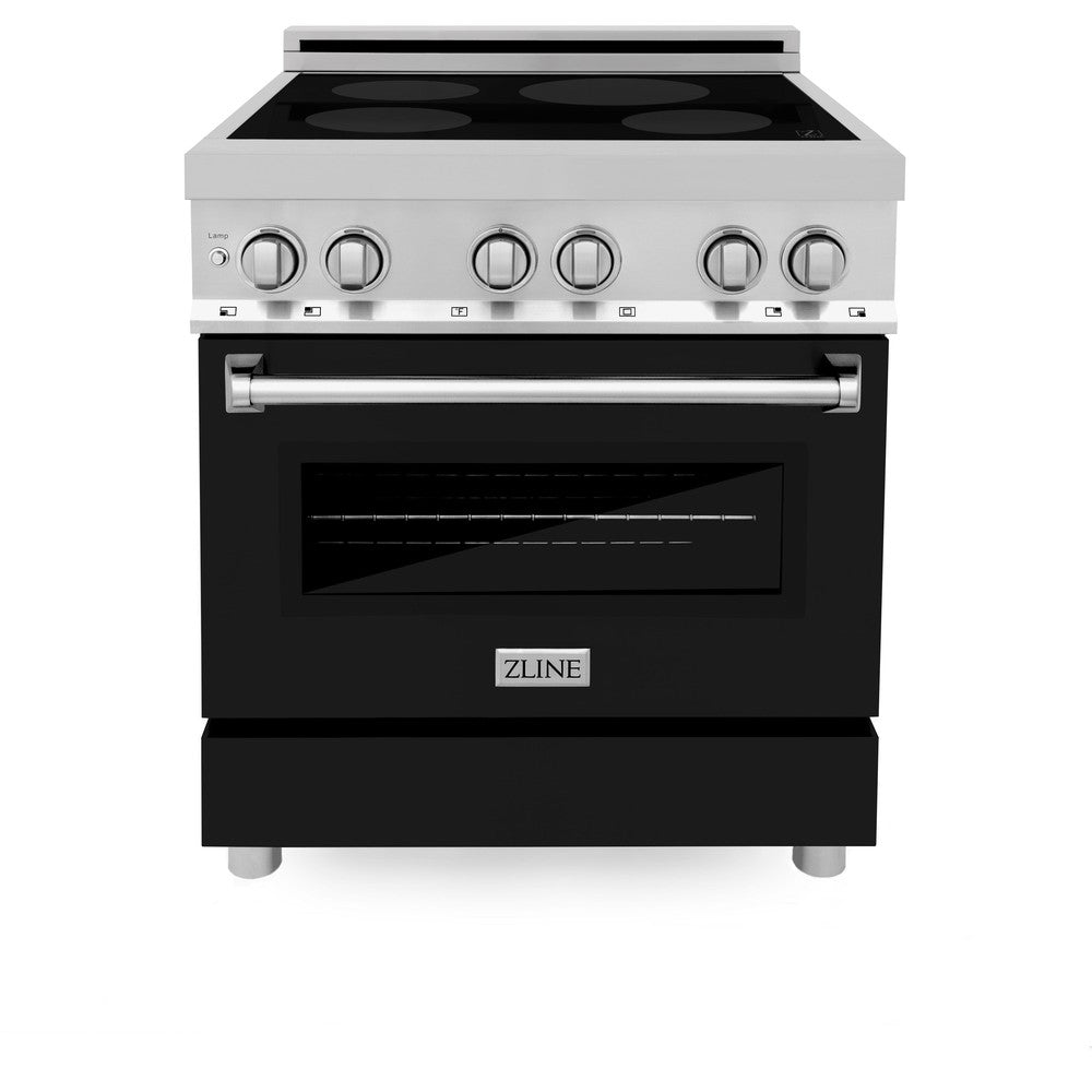 ZLINE 30 in. 4.0 cu. ft. Induction Range with a 4 Induction Element Stove and Electric Oven in Stainless Steel with Black Matte Door (RAIND-BLM-30) front.