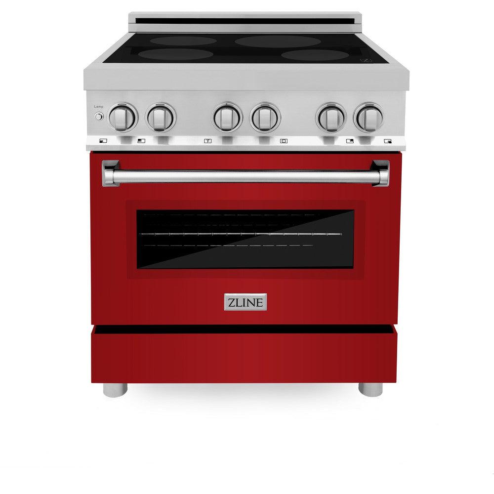 ZLINE 30 in. 4.0 cu. ft. Induction Range with a 4 Induction Element Stove and Electric Oven in Stainless Steel with Red Gloss Door (RAIND-RG-30) front.
