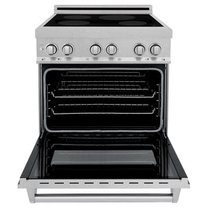ZLINE 30 IN. 4.0 cu. ft. Induction Range in Fingerprint Resistant Stainless Steel with a 4 Element Stove and Electric Oven (RAINDS-SN-30) front, oven door open.