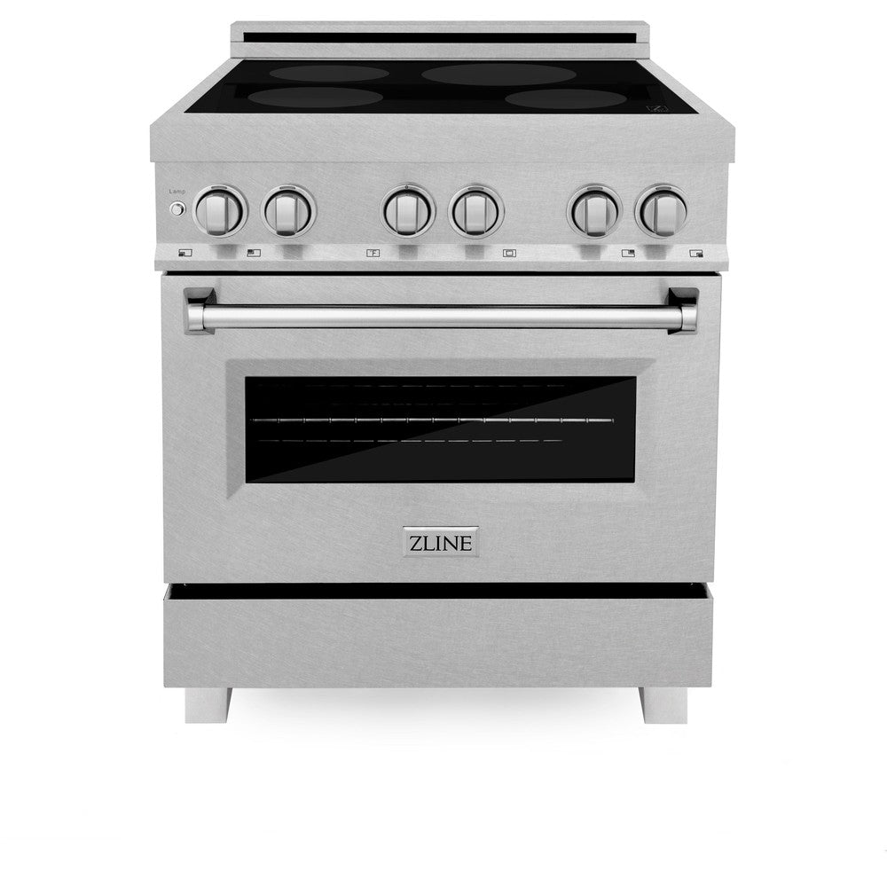 ZLINE 30 IN. 4.0 cu. ft. Induction Range in Fingerprint Resistant Stainless Steel with a 4 Element Stove and Electric Oven (RAINDS-SN-30) front.