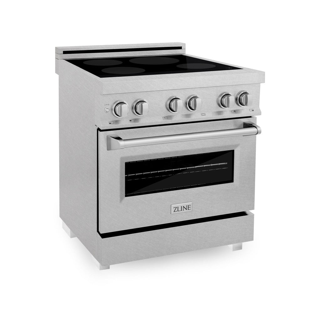 ZLINE 30 IN. 4.0 cu. ft. Induction Range in Fingerprint Resistant Stainless Steel with a 4 Element Stove and Electric Oven (RAINDS-SN-30) side, oven closed.