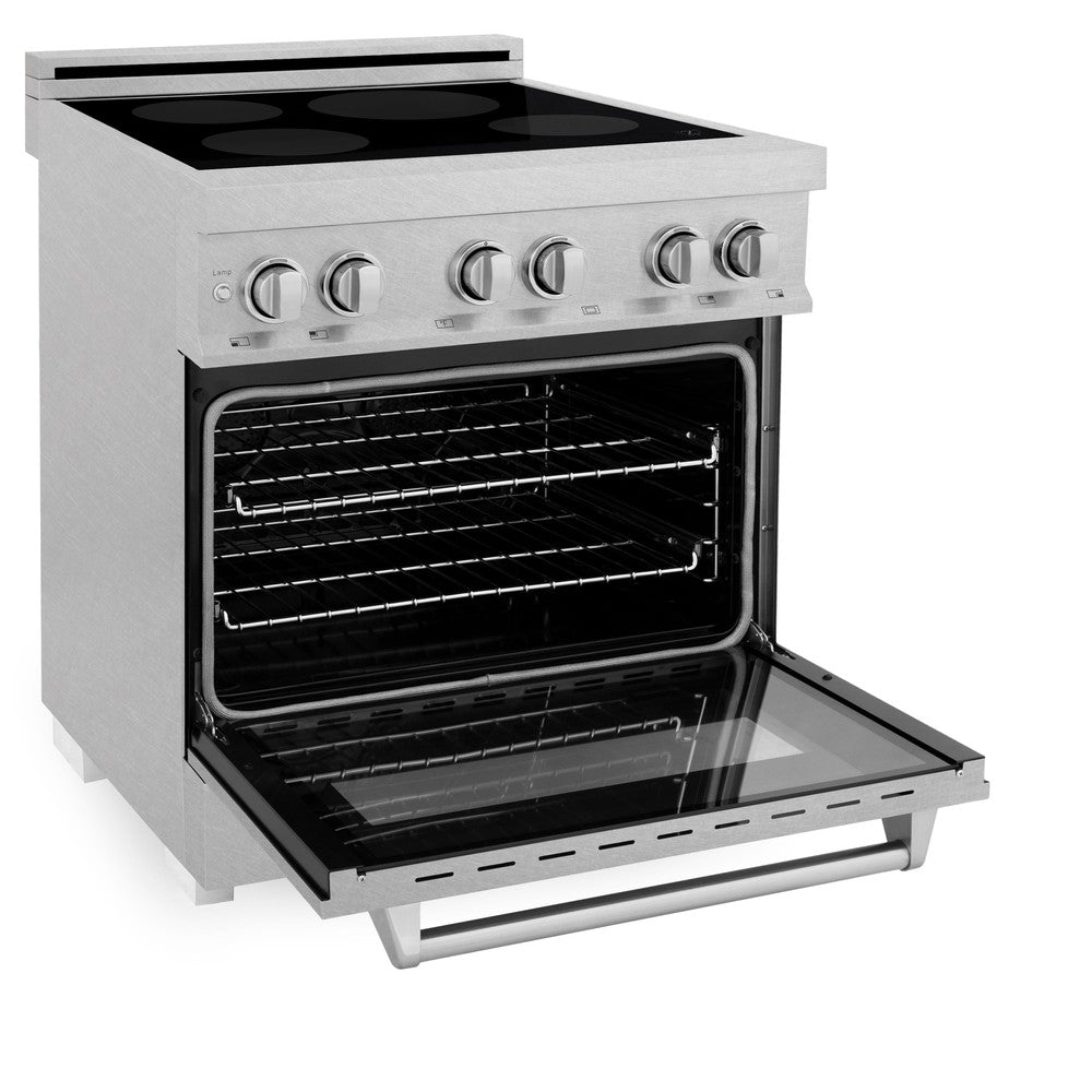 ZLINE 30 IN. 4.0 cu. ft. Induction Range in Fingerprint Resistant Stainless Steel with a 4 Element Stove and Electric Oven (RAINDS-SN-30) side, oven door open.