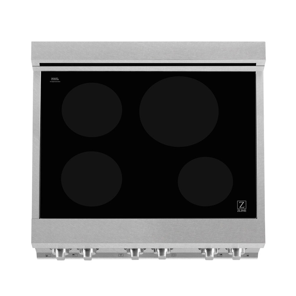 ZLINE 30 IN. 4.0 cu. ft. Induction Range in Fingerprint Resistant Stainless Steel with a 4 Element Stove and Electric Oven (RAINDS-SN-30) from above showing induction cooking elements on Schott Ceran® glass cooktop.